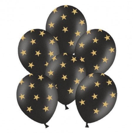 Balony czarne w złote gwiazdki - 6 sztuk