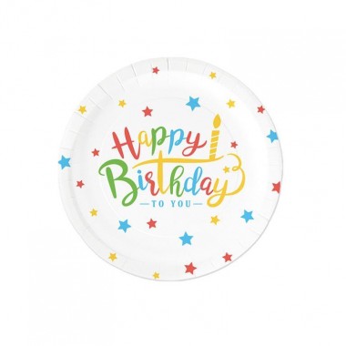 Talerzyki kolorowe Happy Birthday 18cm - 6 sztuk
