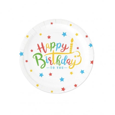 Talerzyki kolorowe Happy Birthday 18cm - 6 sztuk