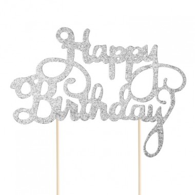 Topper - Happy Birthday - srebrny brokat