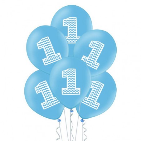 Balony - 1 urodziny - niebieskie w szlaczki - 30 cm - 6 sztuk