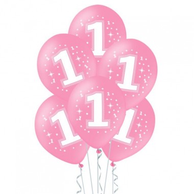 Balony - 1 urodziny - różowe z gwiazdkami - 30 cm - 6 sztuk