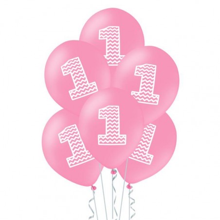 Balony - 1 urodziny - różowe w szlaczki - 30 cm - 6 sztuk