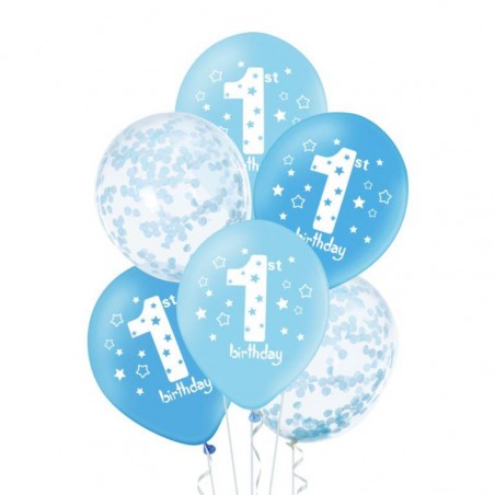 Balony Roczek niebieskie z konfetti 30 cm - 6 sztuk