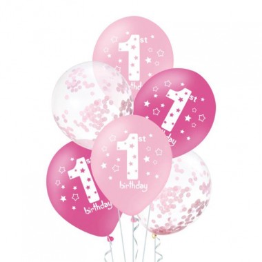 Balony Roczek różowe z konfetti 30 cm - 6 sztuk