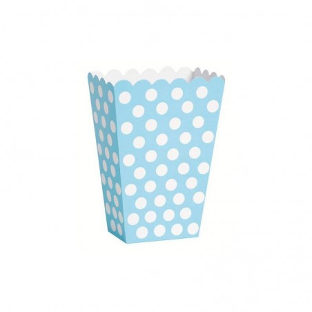 Pudełka na popcorn błękitne w białe kropki - 8 sztuk