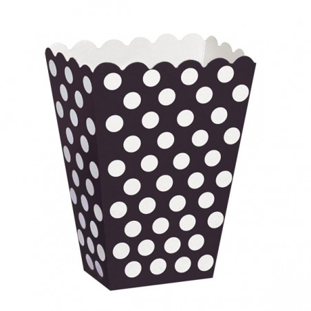 Pudełka na popcorn czarne w białe kropki - 8 sztuk