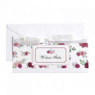 Kartka okolicznościowa W dniu ślubu biała vintage - kwiaty bordowo-różowe