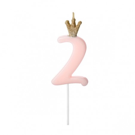 Świeczka urodzinowa korona  jasny różowy - cyfra 2