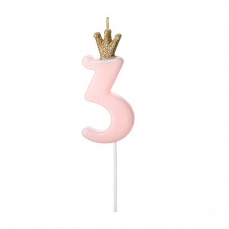 Świeczka urodzinowa korona  jasny różowy - cyfra 3