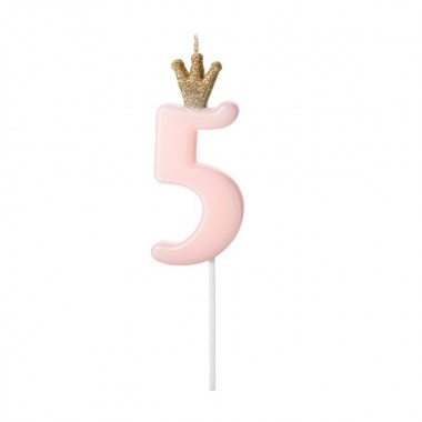 Świeczka urodzinowa korona  jasny różowy - cyfra 5