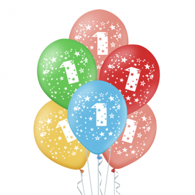 Balony - kolorowe z cyfrą 1 - 30 cm - 5 sztuk