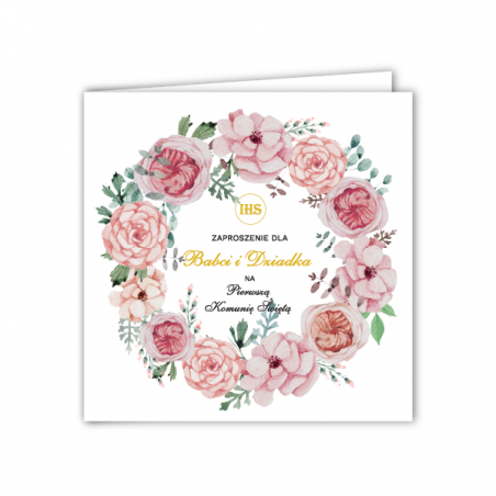 Zaproszenie na KOMUNIĘ ŚWIĘTĄ dla Babci i Dziadka - kwiaty różowe - 1 sztuka